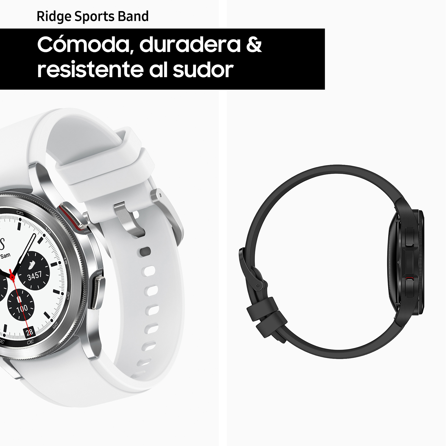 Smartwatch blanca y negra con correa blanca y correa negra. Fondo blanco.