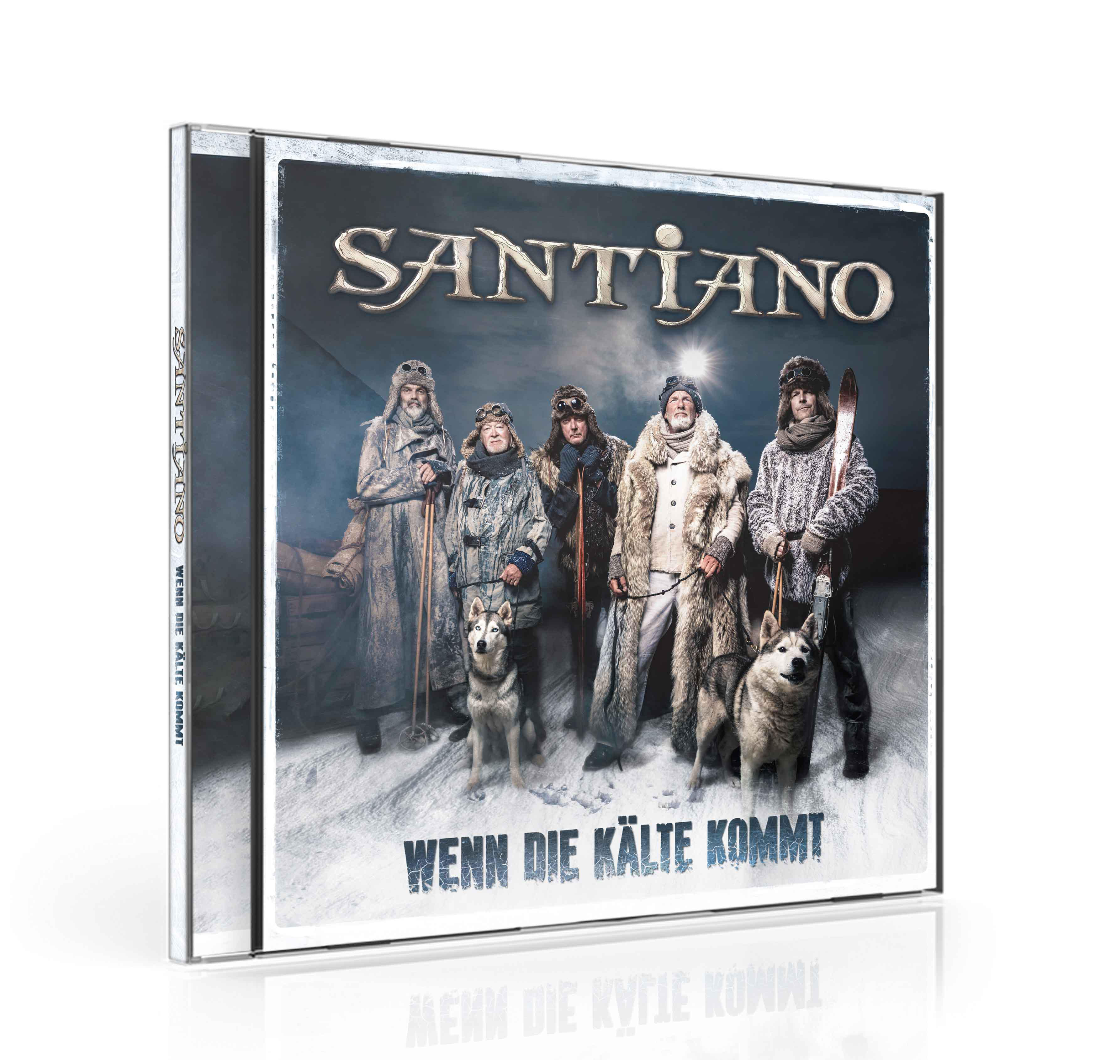 Ein CD-Case mit einer Band von sechs Personen in Winterkleidung, zwei Hunden im Schnee.