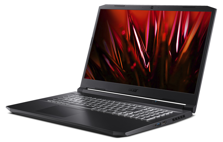 Ein schwarzer Acer-Laptop mit eingeschaltetem Display zeigt ein abstraktes rot-schwarzes Design.