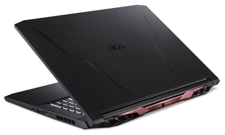 Ein schwarzer Acer-Laptop mit roten Akzenten und geöffnetem Deckel auf weißem Hintergrund.