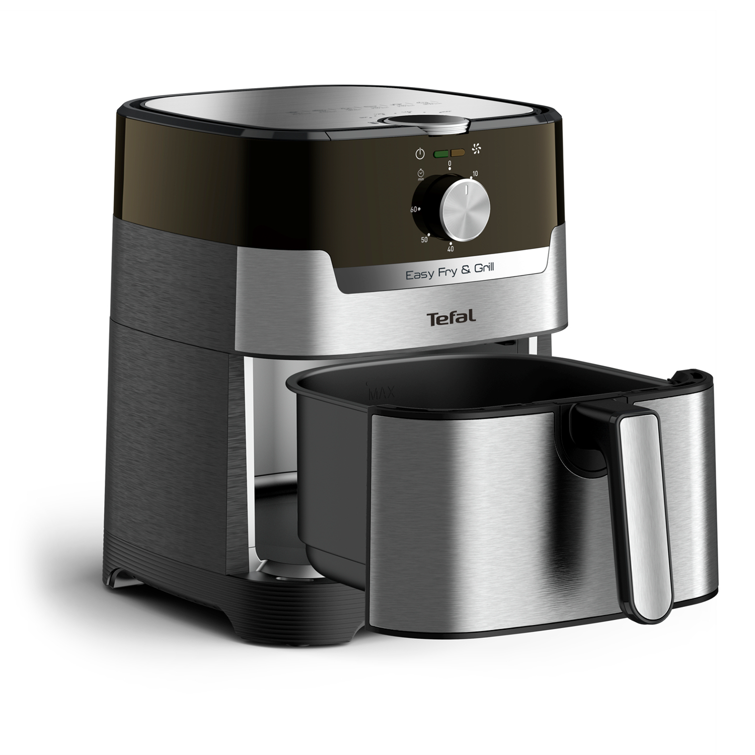 Silver and black Tefal air fryer with open basket, white background.