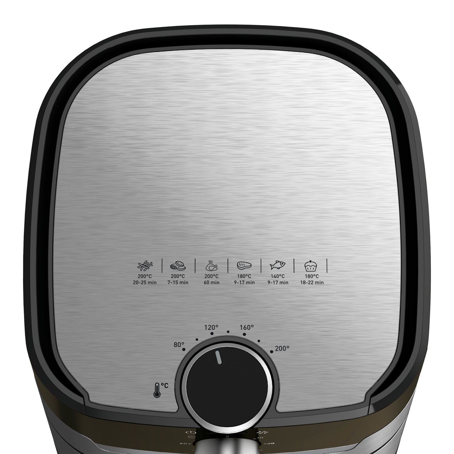 Top view of an air fryer with cooking instructions on the top surface.