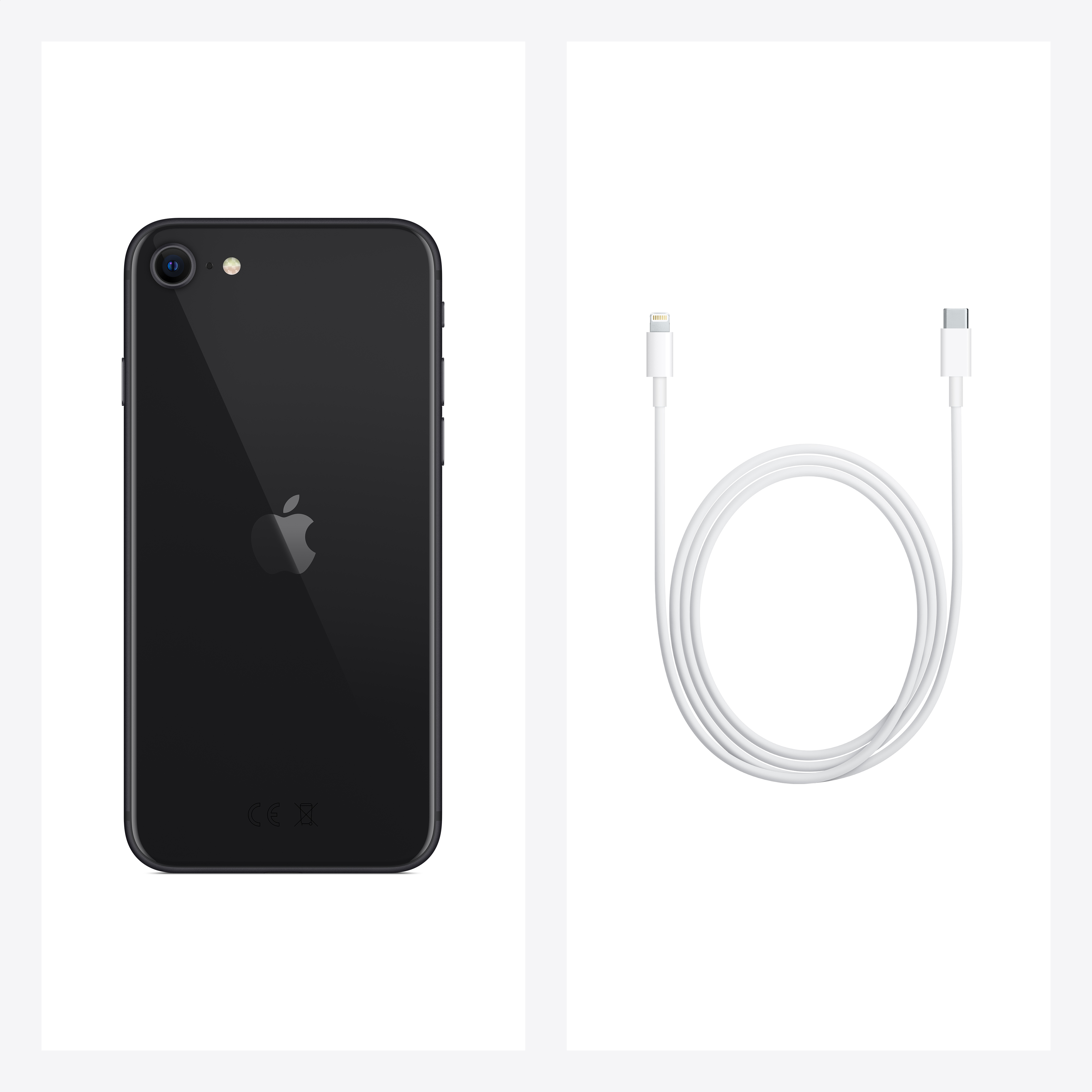 Smartphone negro con cable cargador. Teléfono a la izquierda, cable a la derecha.