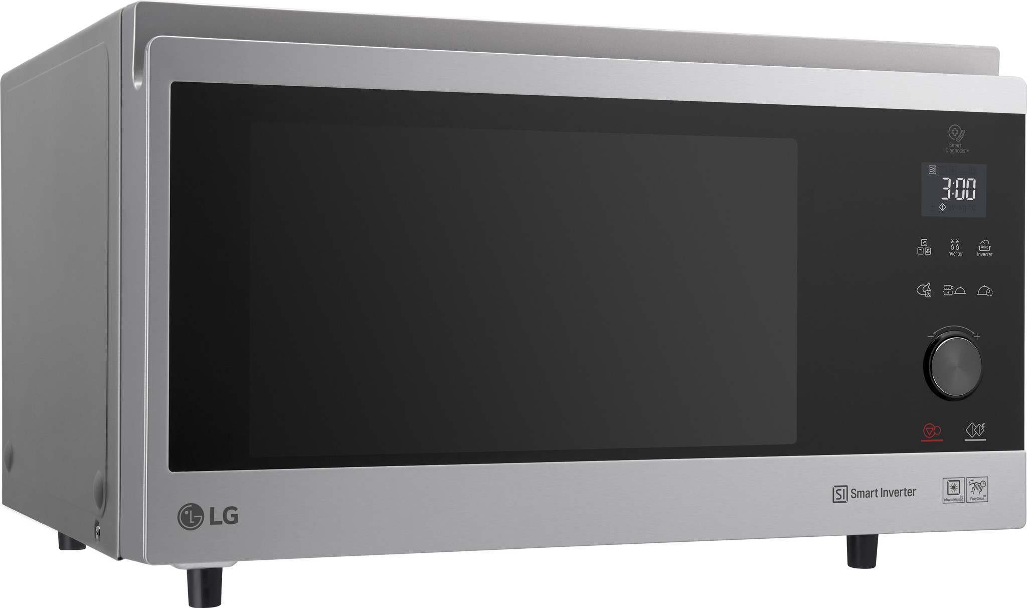 A silver LG microwave. It has a black glass door, a control panel with a digital display, and a rotating knob.
