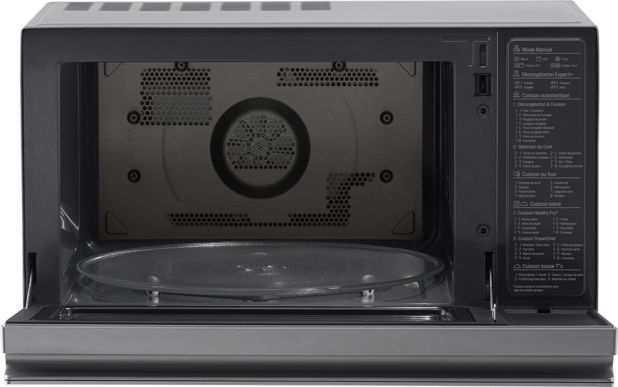 A microwave oven, door open, displaying interior with a glass plate. Control panel details cooking options.