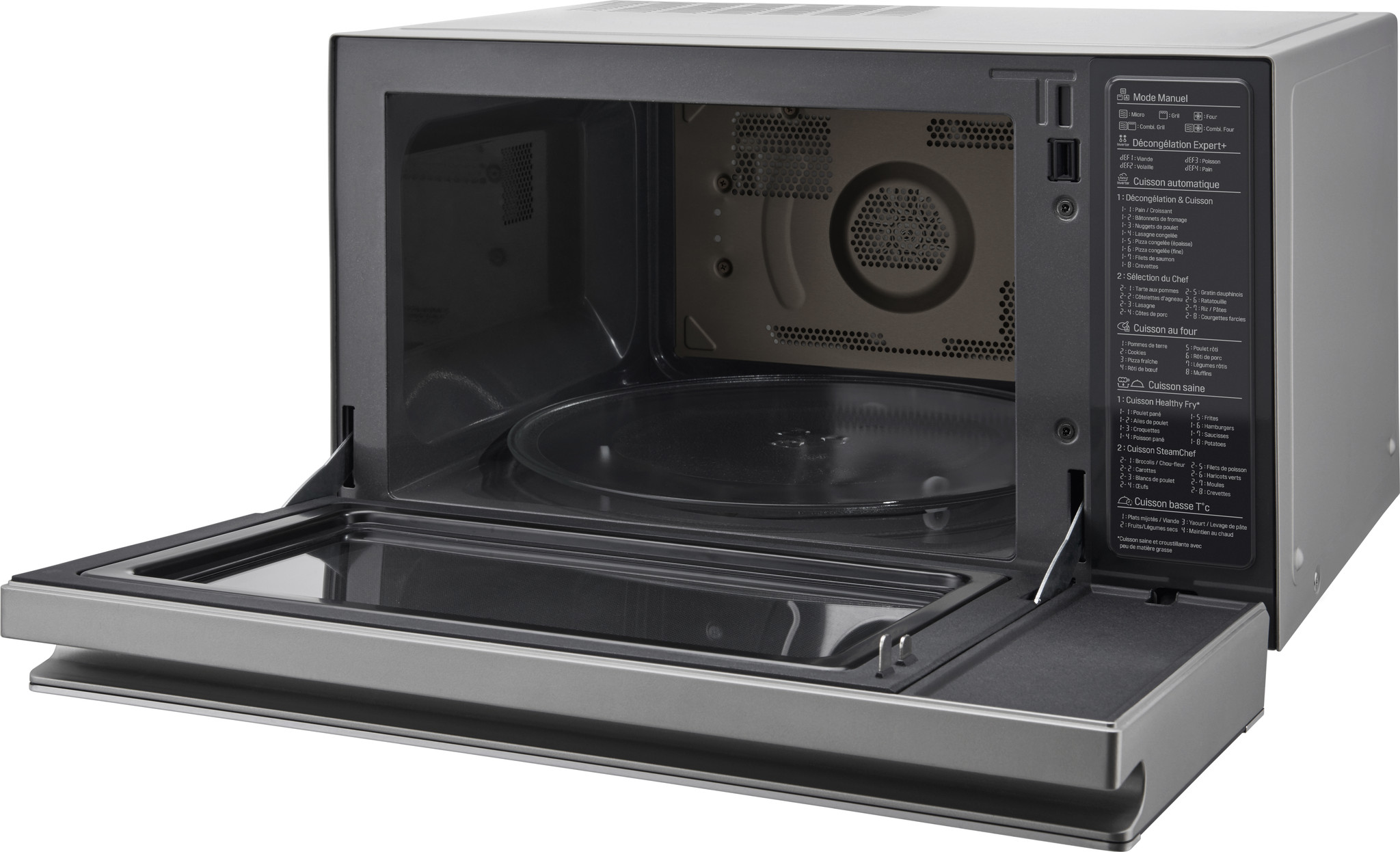 Open microwave, interior visible with glass plate. Control panel with cooking options on the right. Door is open.