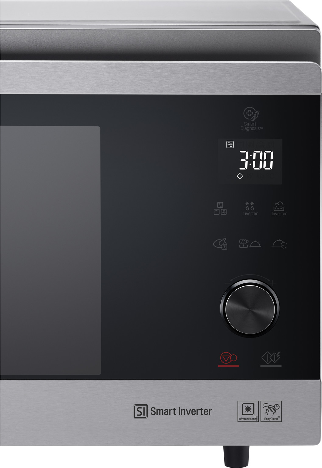 A microwave oven with a digital display showing 3:00. It has a control panel, a dial, and various icons.