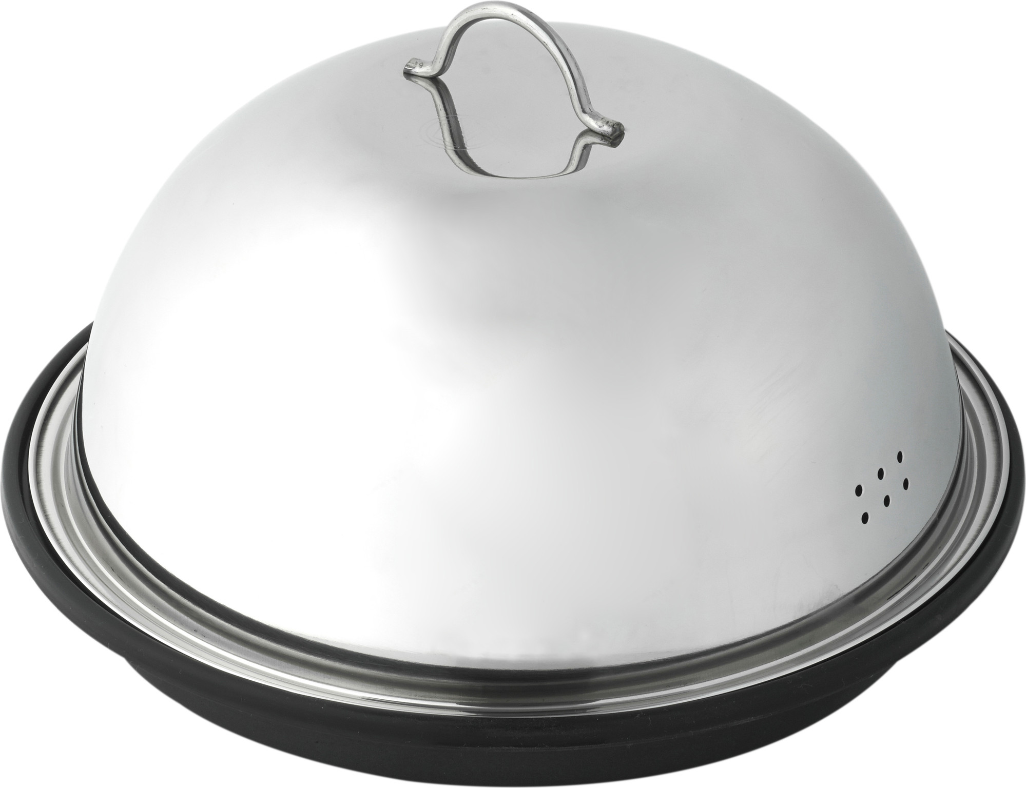 A shiny, stainless steel cloche, dome-shaped, sits on a black base. It has a handle and small ventilation holes.
