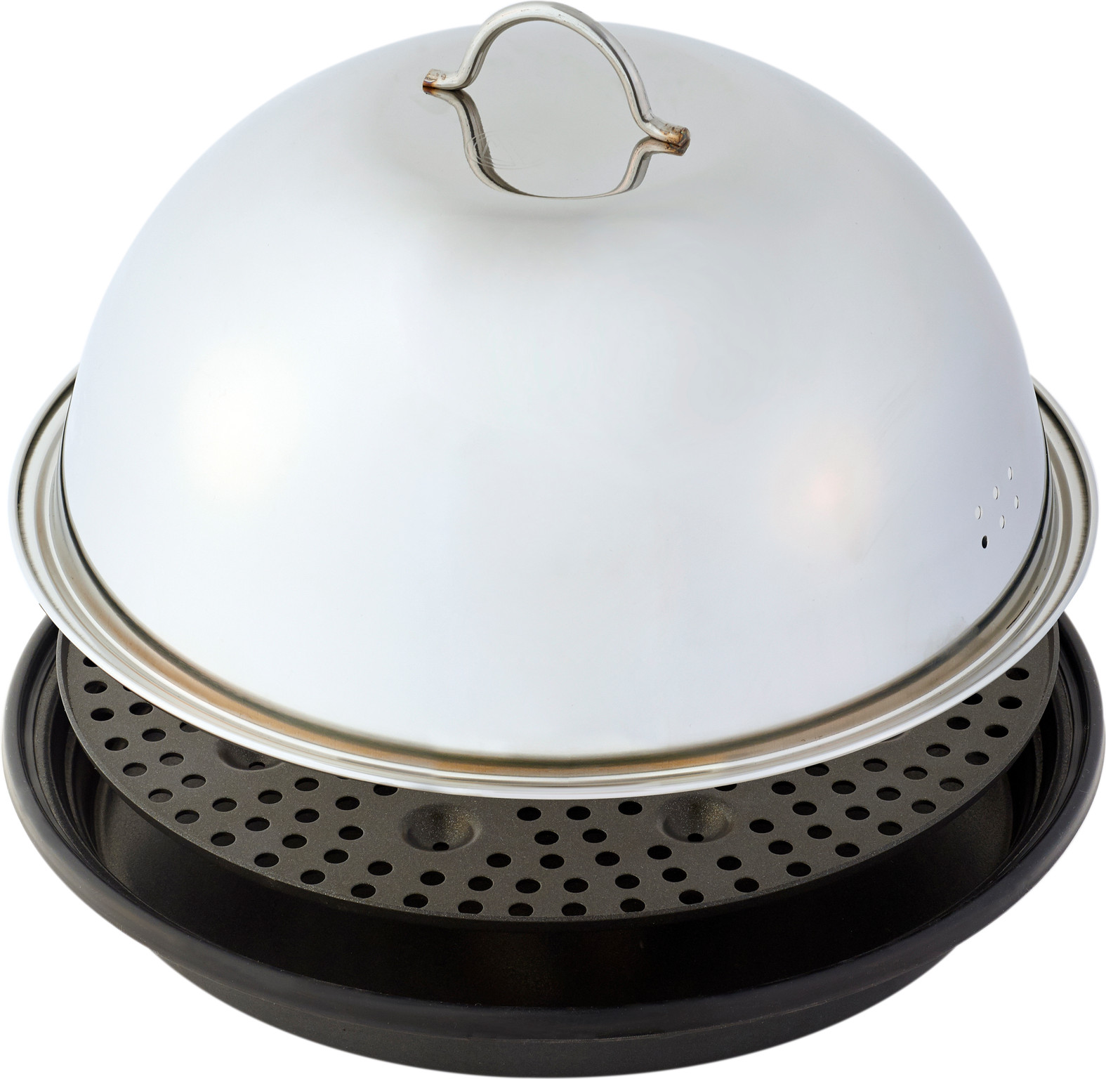 A stainless steel steamer with a lid and handle, sitting on a black base. The lid is domed.
