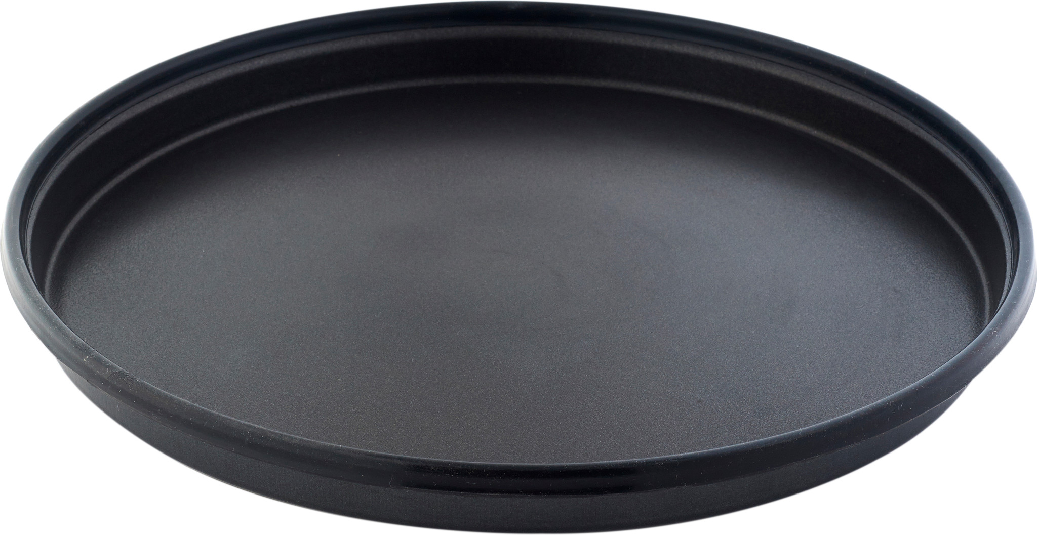 A black, round, empty baking pan. The pan has a slightly raised rim and a matte finish. It is isolated on a white background.