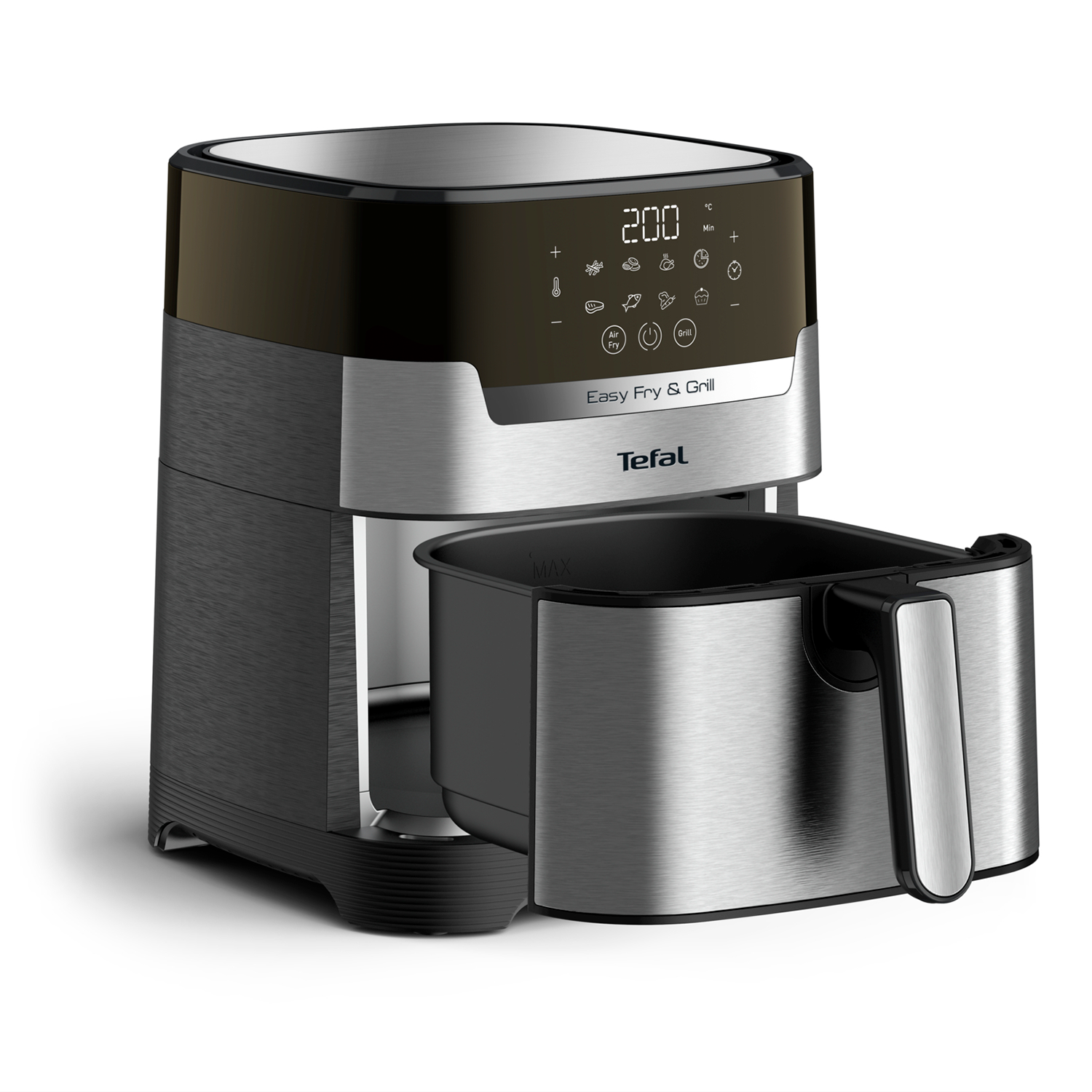 Black and silver Tefal air fryer with the drawer open. Shows display and a handle.