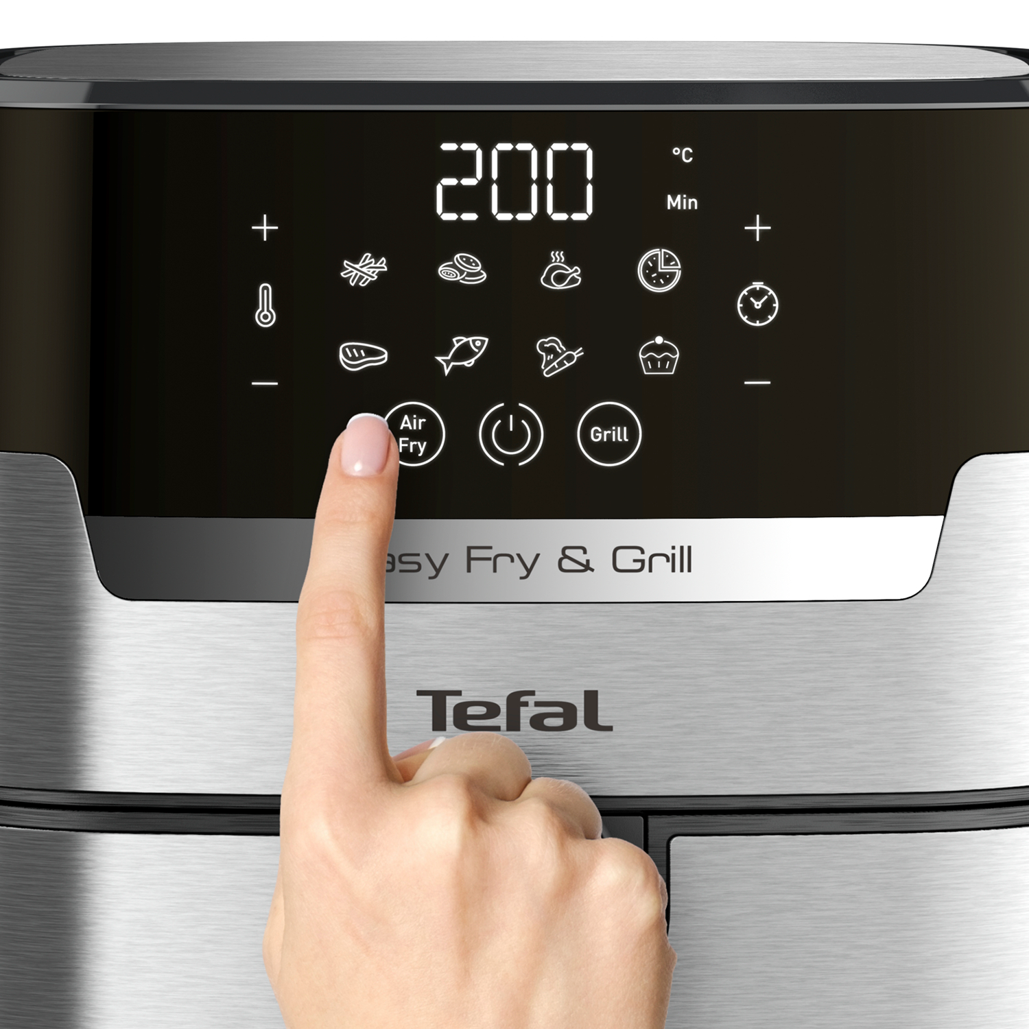 Hand pressing 'Air Fry' button on air fryer control panel. Display shows cooking options.