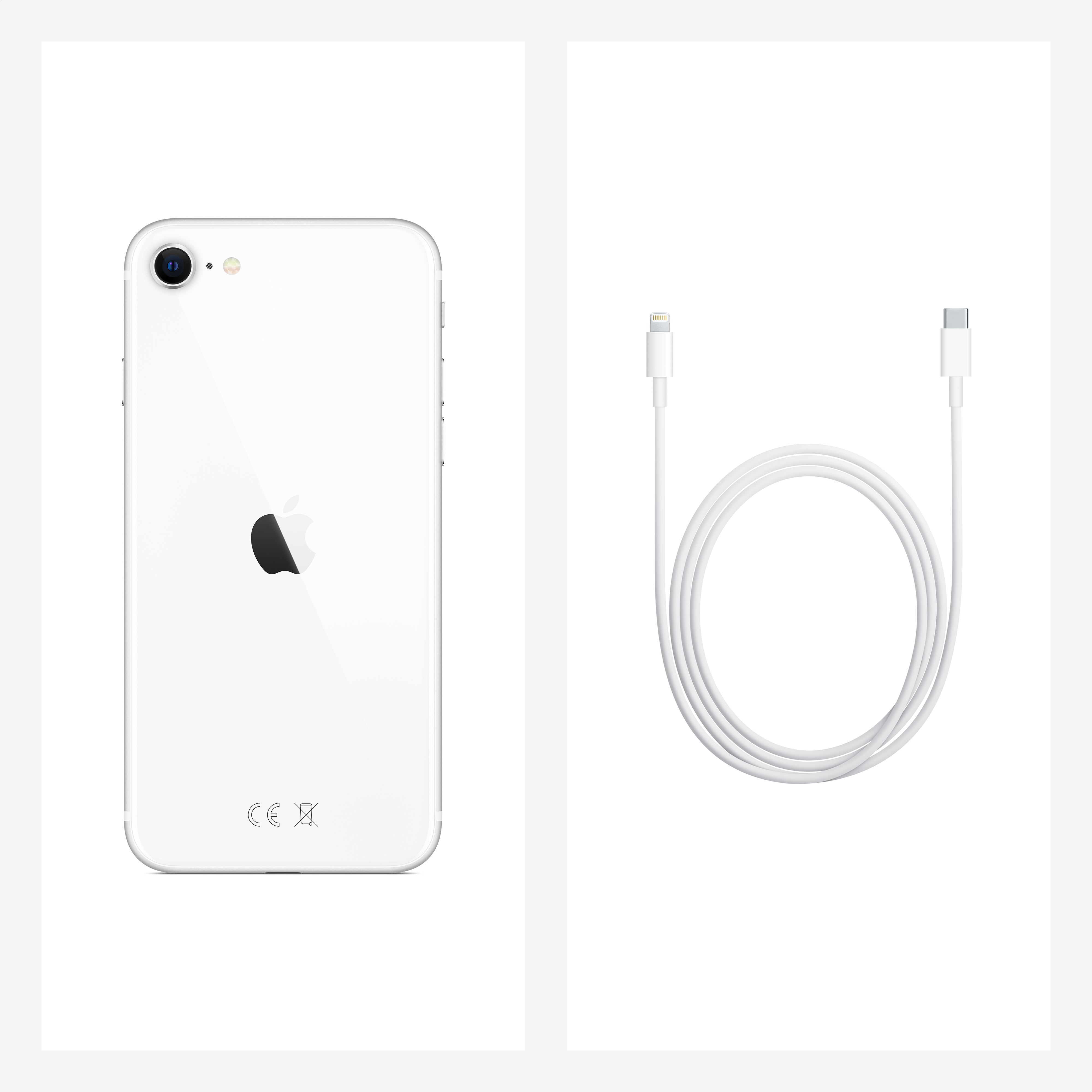 iPhone SE blanco y cable USB-C a Lightning blanco. Teléfono a la izquierda, cable a la derecha.