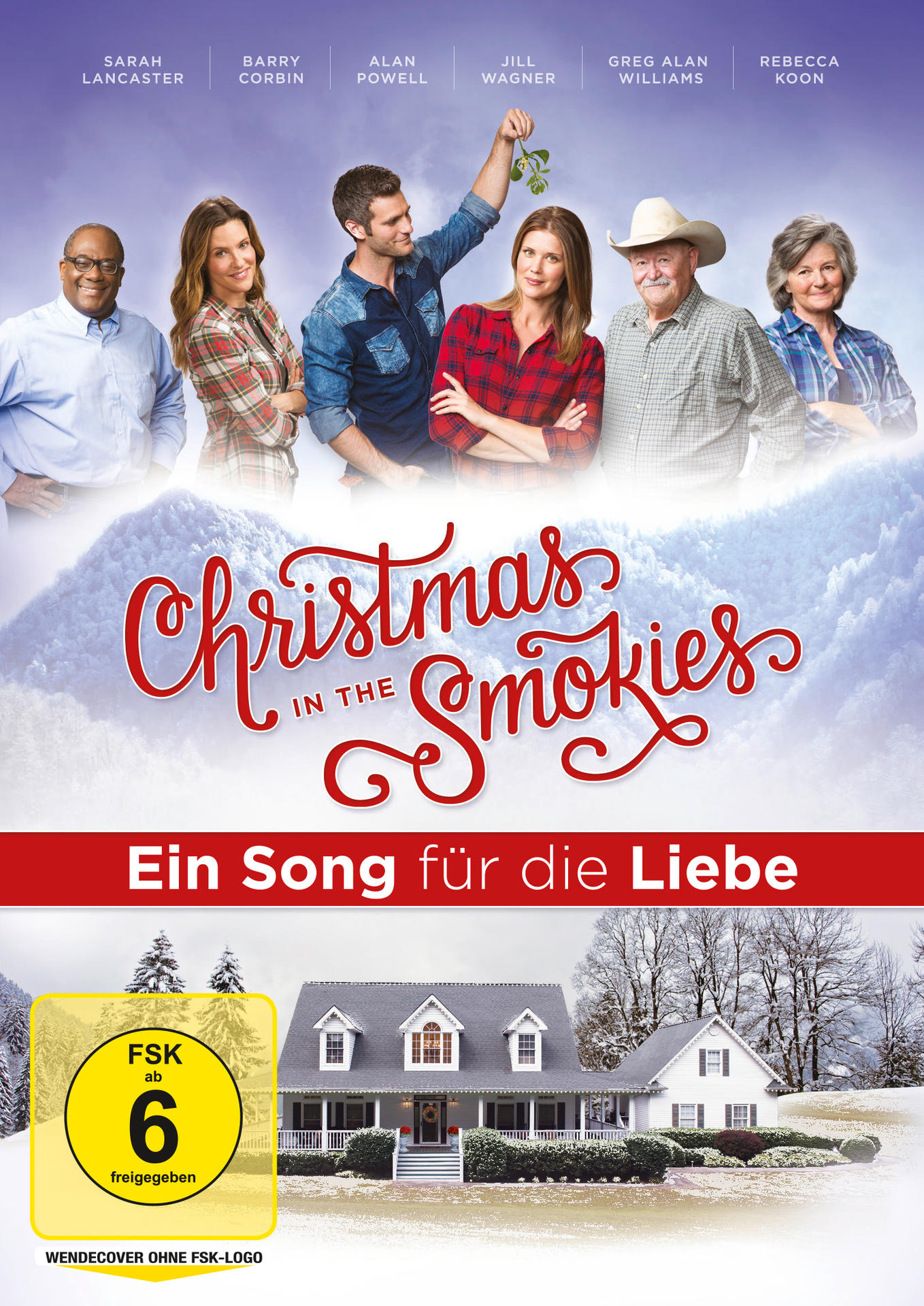 DVD-Cover mit Schauspielern. Titel: Christmas in the Smokies, mit Schnee und Haus.