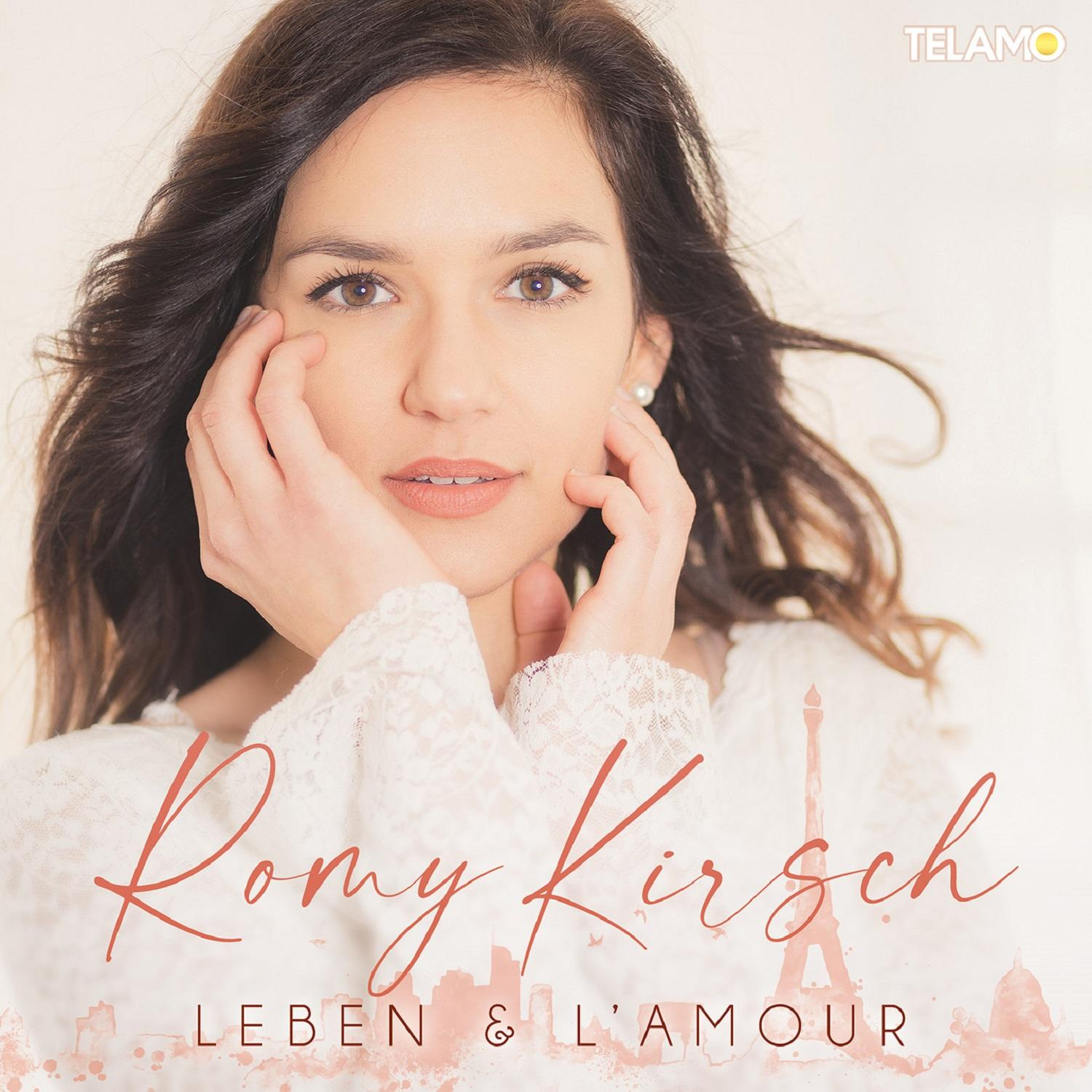 Frau mit langen Haaren, die ihr Gesicht berührt. Titel 'Romy Kirsch' und 'Leben & L'Amour'.