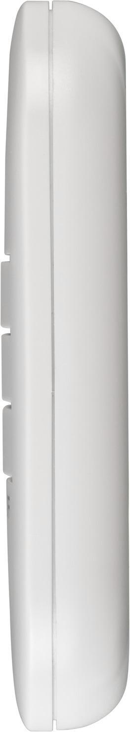 Weißes, abgerundetes rechteckiges Gerät, Seitenansicht mit Knöpfen.