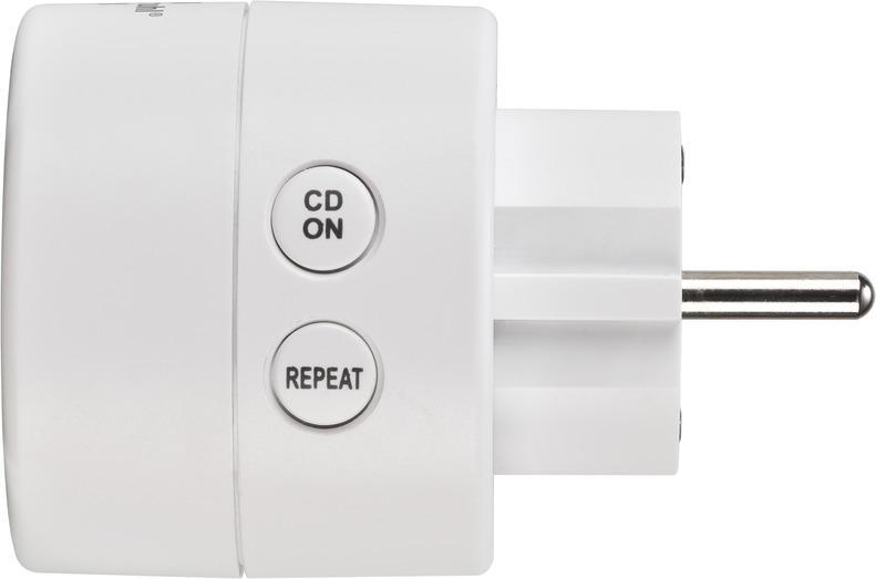 Weißer Stecker mit CD ON- und REPEAT-Tasten. Weißer Hintergrund.