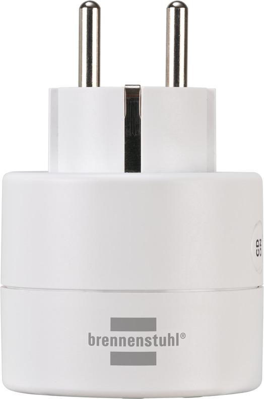 Ein weißer Smart Plug mit zwei Stiften und dem Logo 'brennenstuhl'.