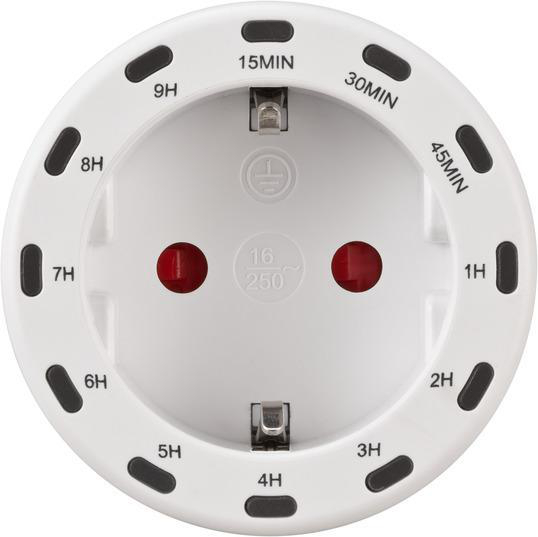 Ein weißer runder Timer mit schwarzen Knöpfen und Zahlen, die verschiedene Zeiteinstellungen anzeigen.