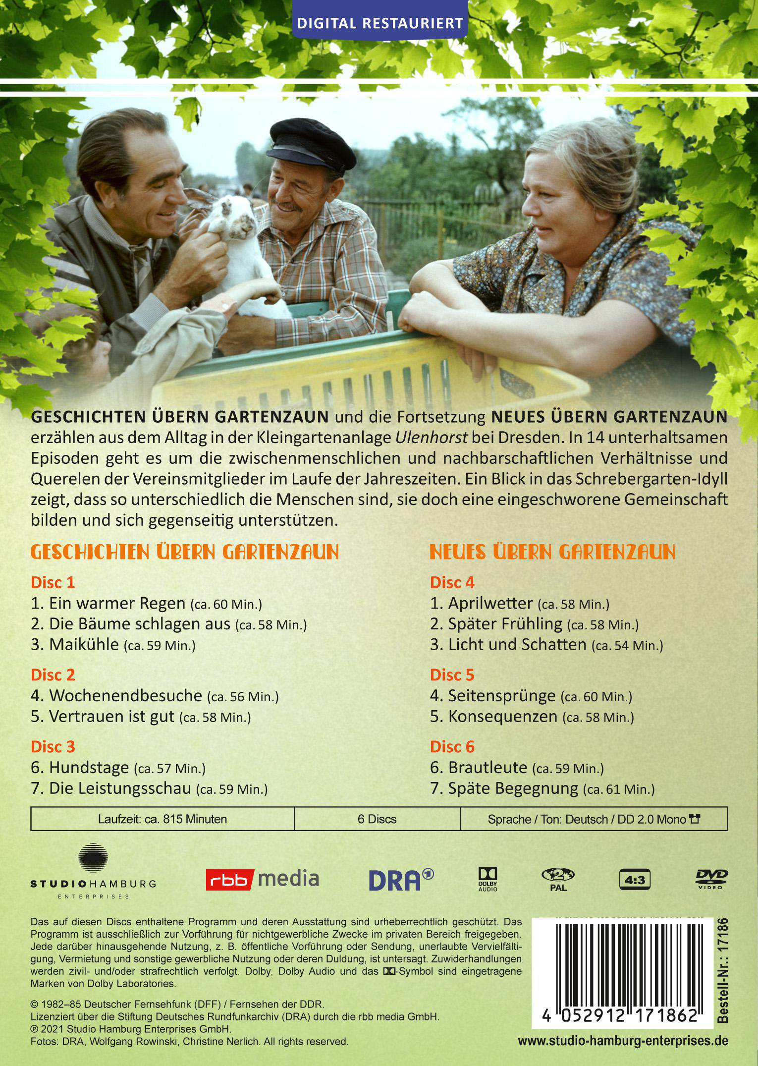 Rückseite einer DVD-Hülle mit deutschem Text, die eine Episodenliste und ein Foto zeigt.