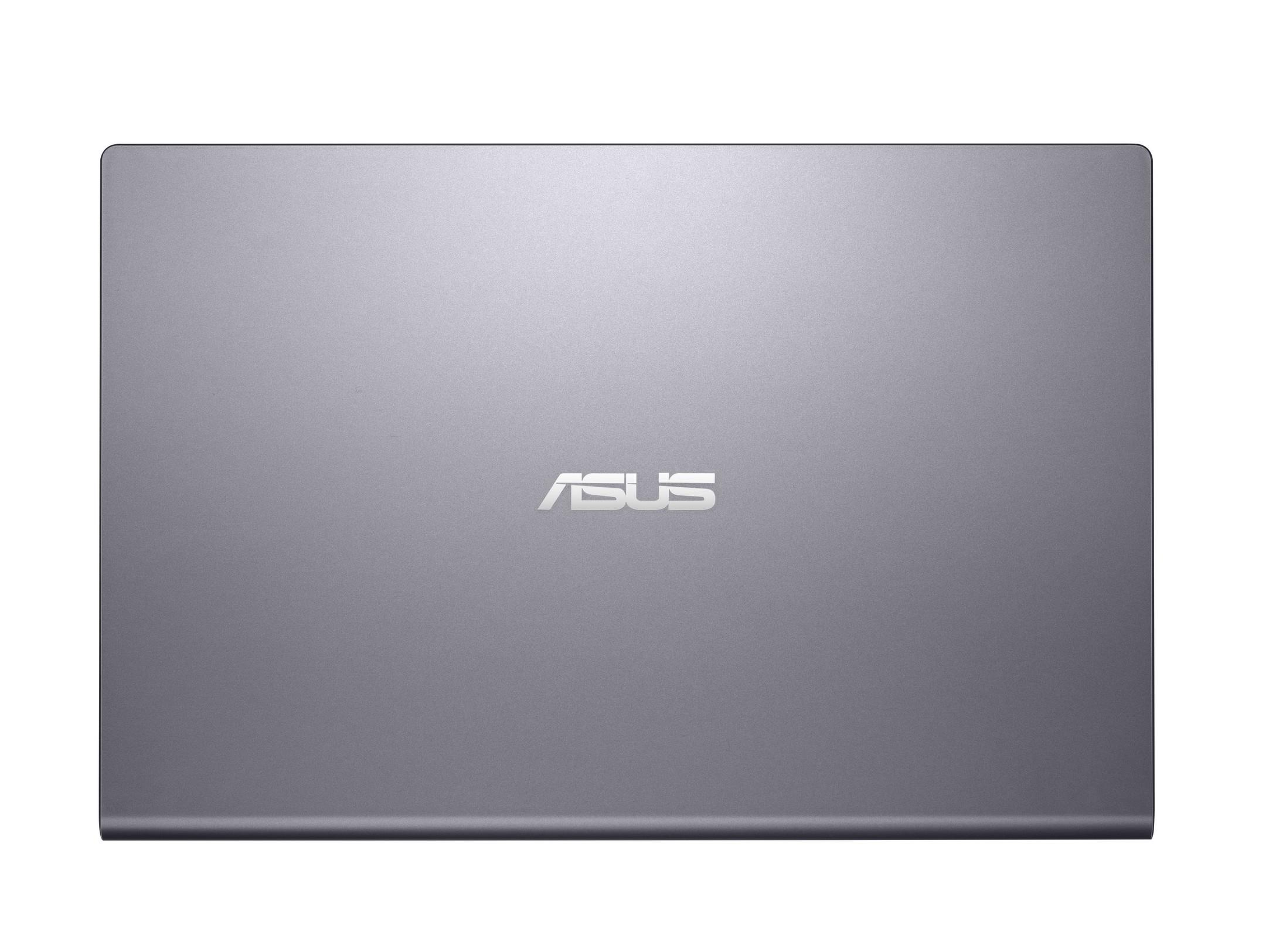 Laptop met achterkant zichtbaar, grijze kleur en het ASUS-logo gecentreerd.