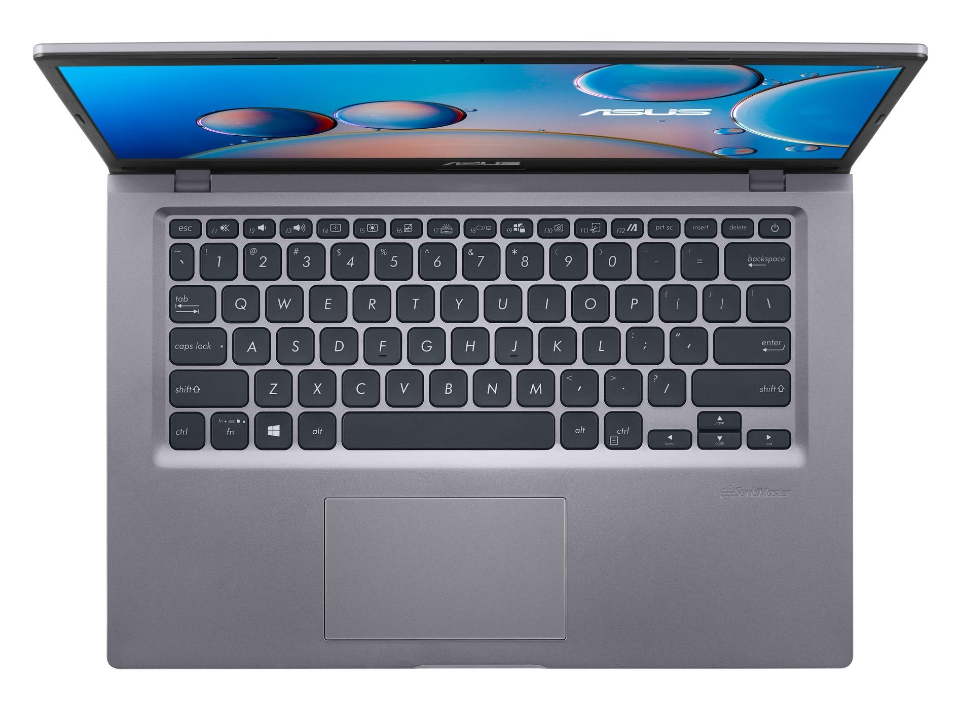 Een bovenaanzicht van een grijze laptop met een open toetsenbord en scherm. Het scherm toont een blauwe achtergrond.