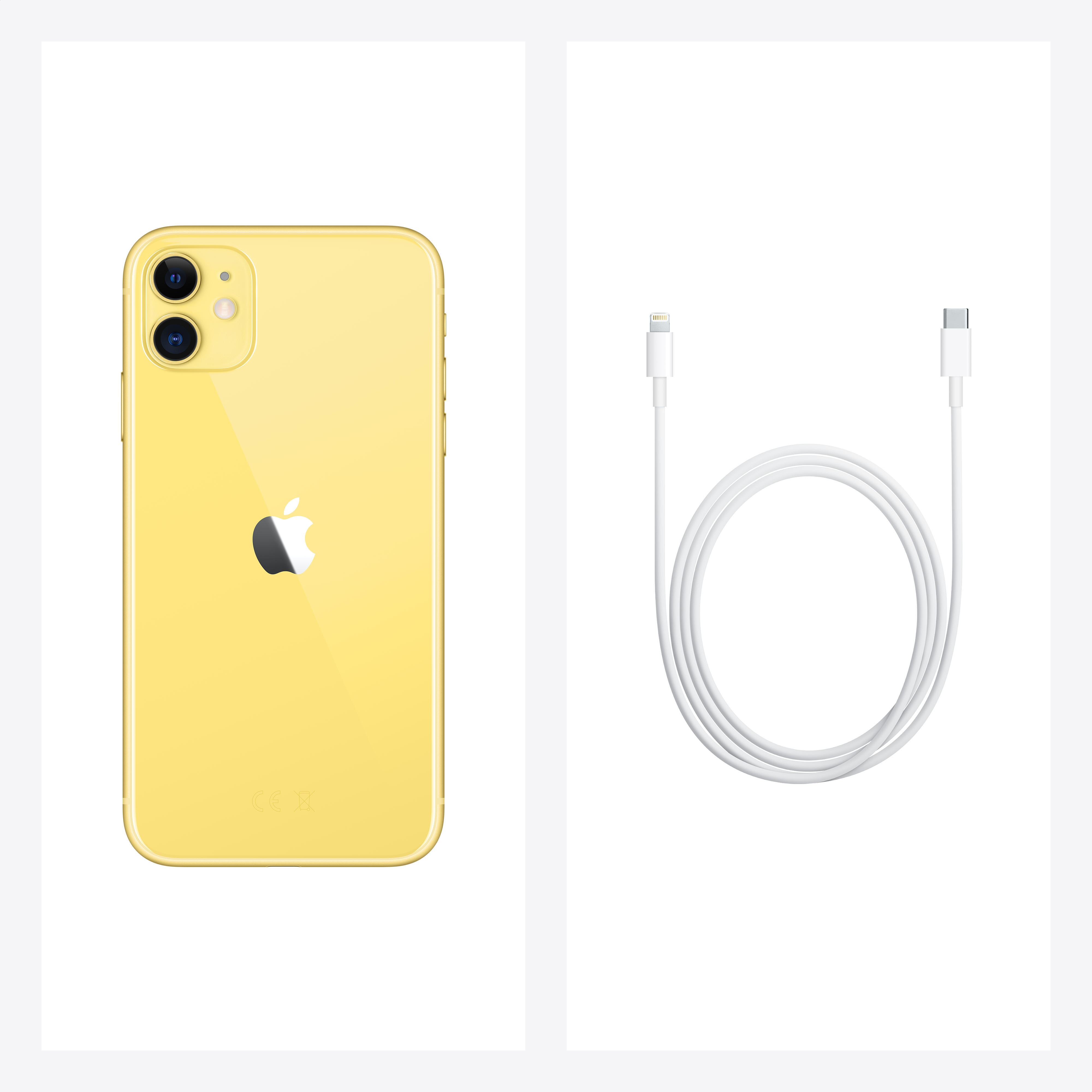 iPhone amarillo con cable de carga blanco, aislado sobre fondo blanco. Logotipo de Apple visible.