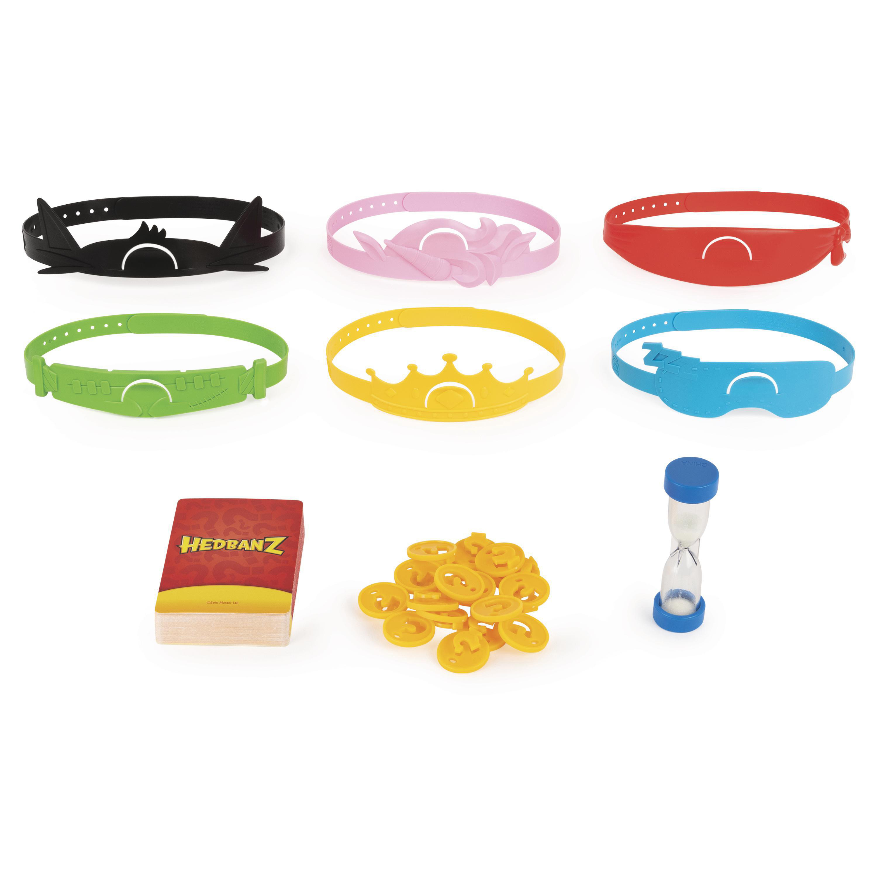 Hedbanz-Spielset mit Stirnbändern, Karten, Spielsteinen und einer Sanduhr.