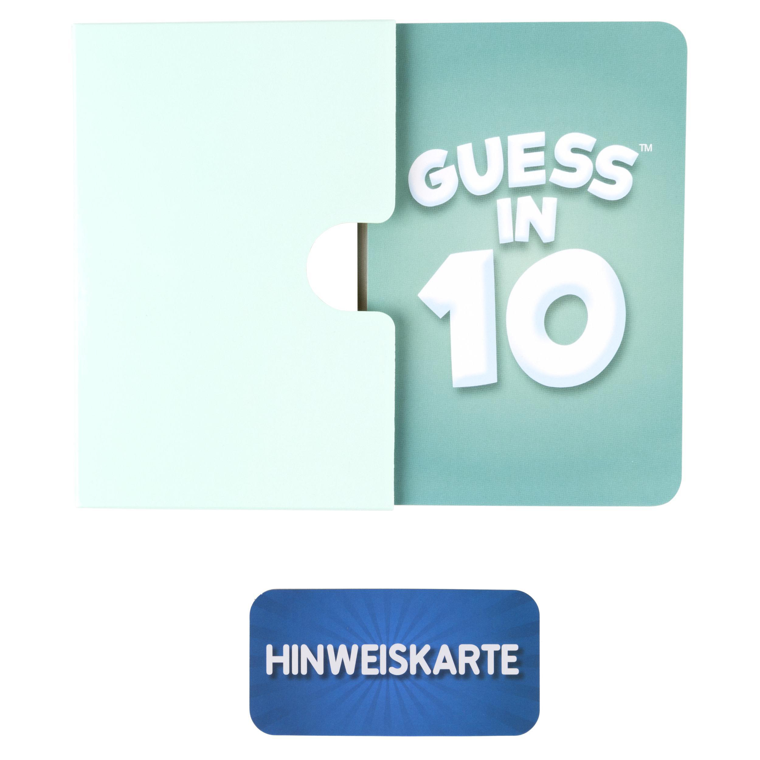 Eine gefaltete Karte zeigt das Spiel 'Guess in 10'. Eine separate Karte darunter zeigt 'HINWEISKARTE' (Hinweiskarte).