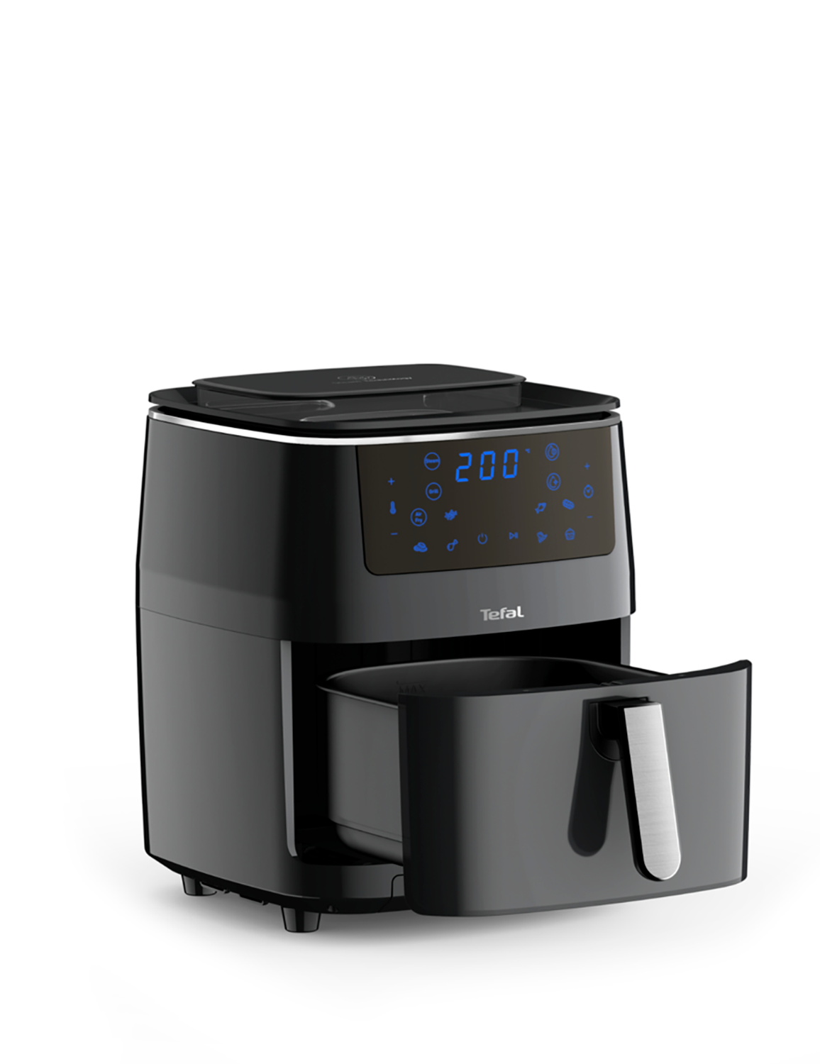 Zwarte airfryer met open lade, digitaal display met 200, tegen een witte achtergrond.