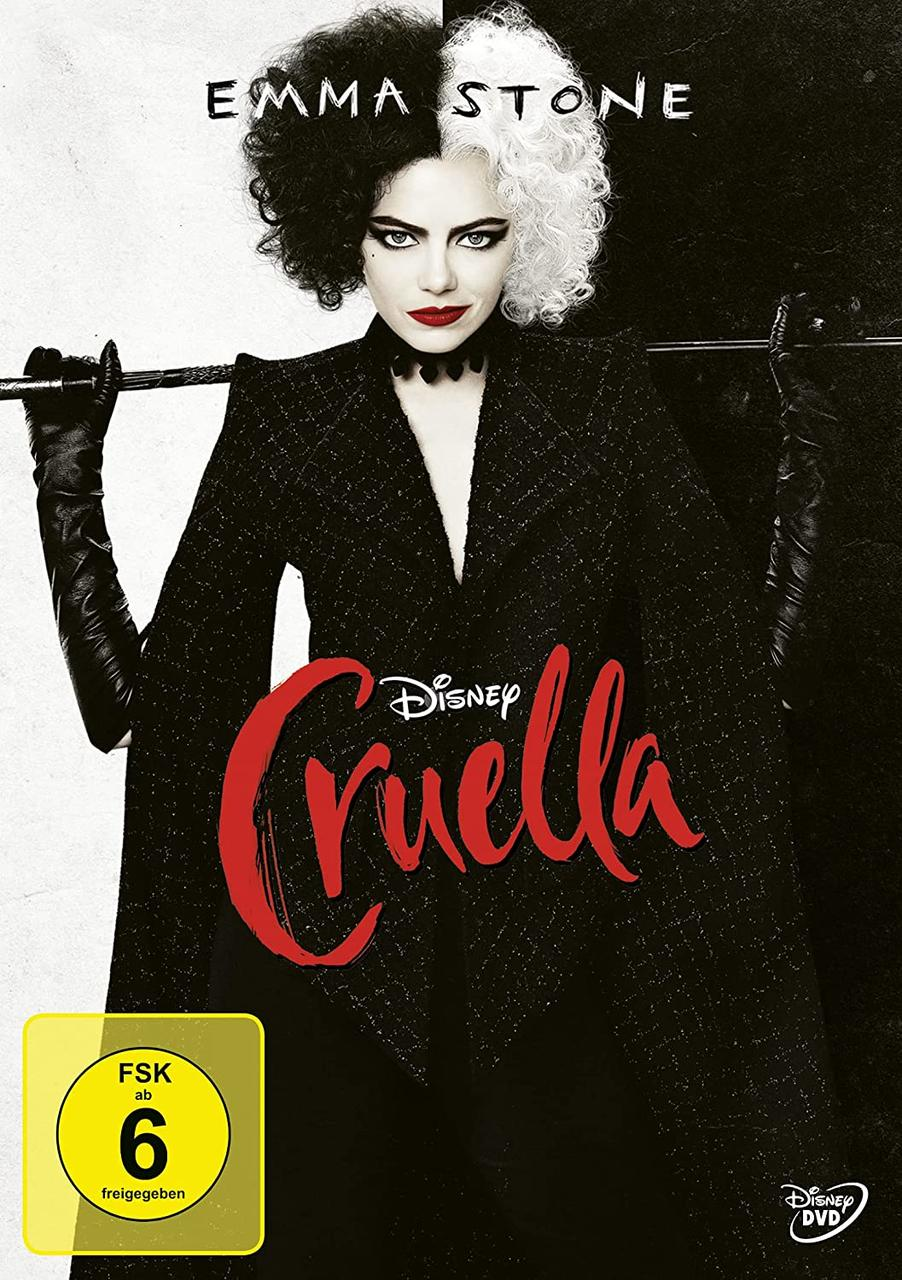 Filmplakat für Cruella, Emma Stone mit schwarz-weißem Haar, roter Titel.