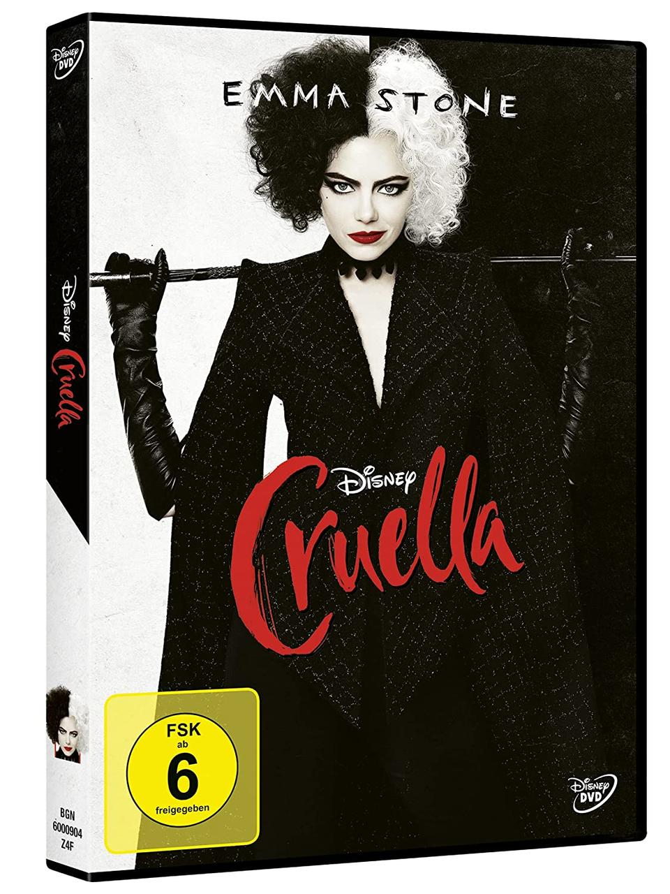 DVD-Cover des Films 'Cruella' mit Emma Stone als Hauptdarstellerin.