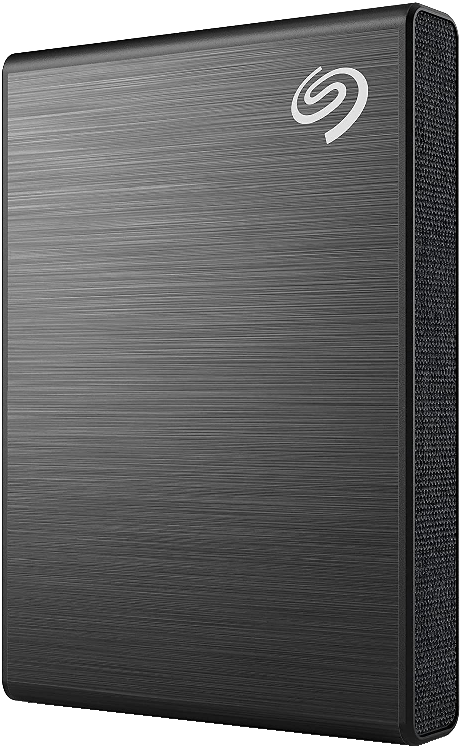 Un disque dur externe noir avec une texture de métal brossé et le logo Seagate.