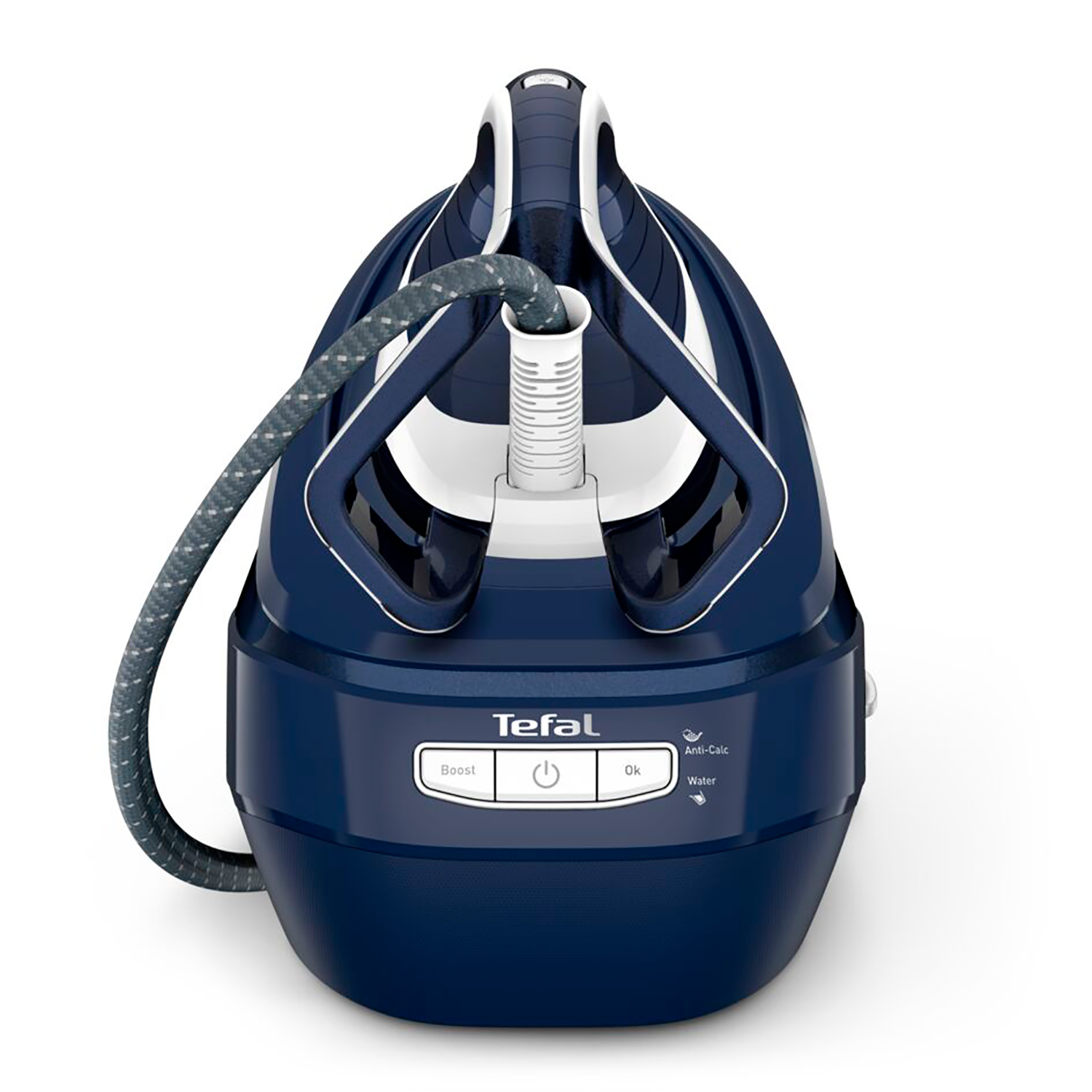 A dark blue steam iron with white accents and a gray cord.