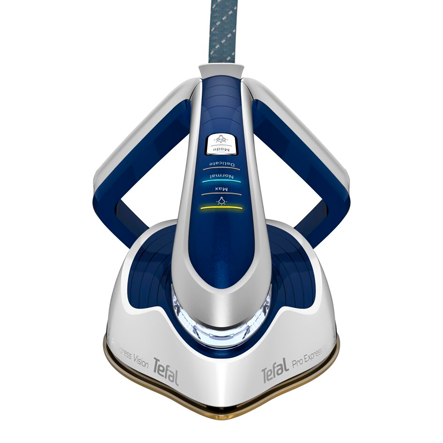 Tefal iron in a white and blue color scheme. The iron is on a white surface.