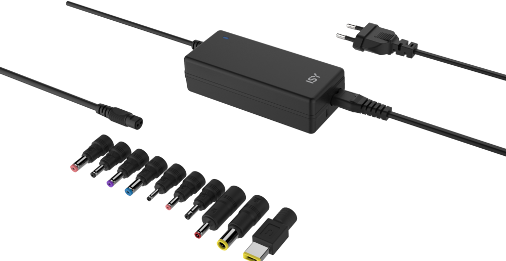 Adaptateur secteur ISY noir pour ordinateur portable avec plusieurs embouts et une prise.