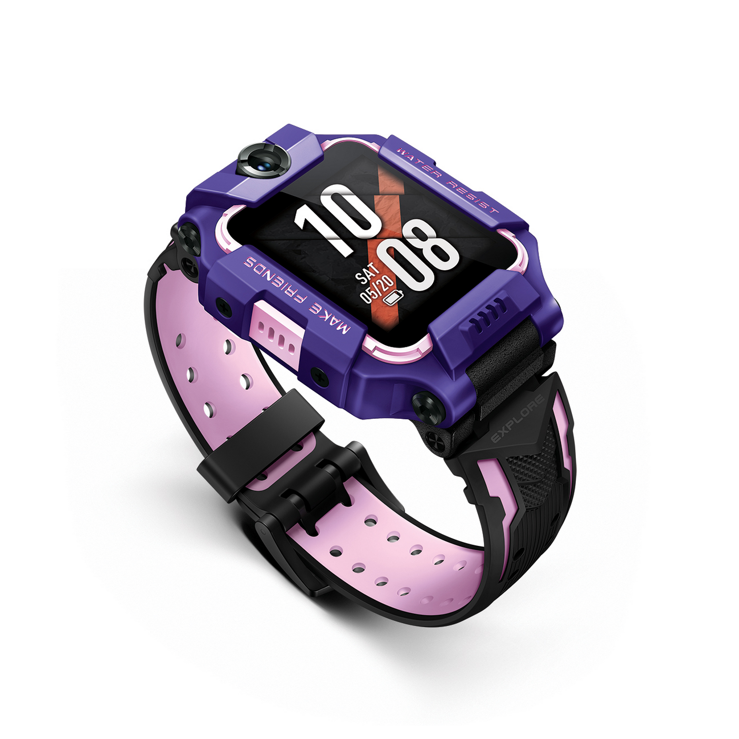 Un smartwatch morado y rosa con una correa negra, mostrando la hora.