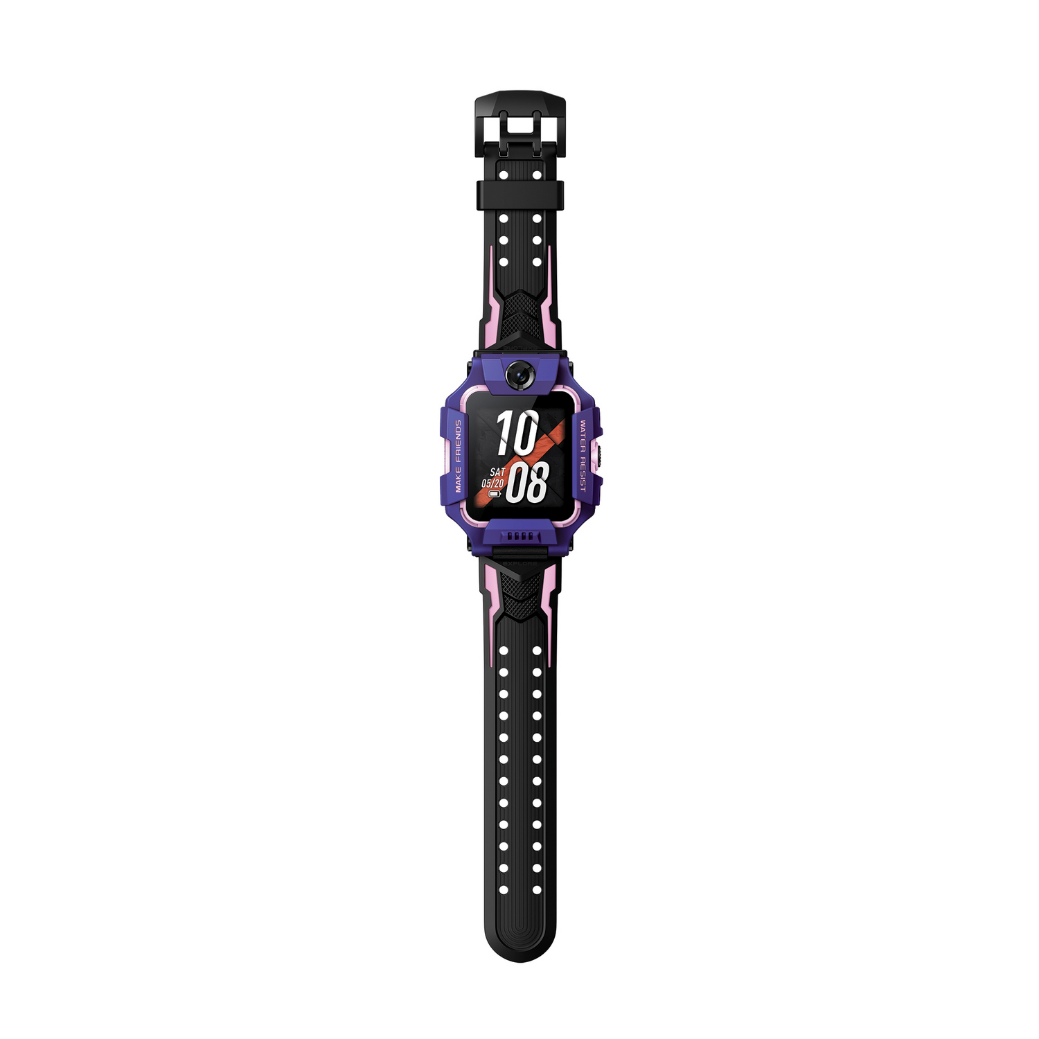 Smartwatch infantil morada y negra, correa negra. Pantalla muestra hora e icono de corazón. Acentos rosas.