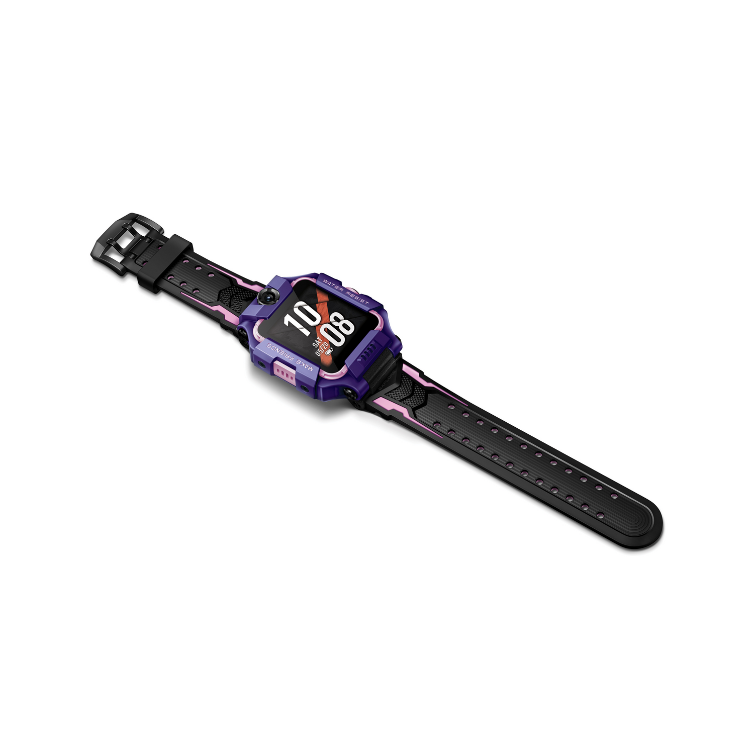 Smartwatch morada y negra con correa negra, vista en ángulo.