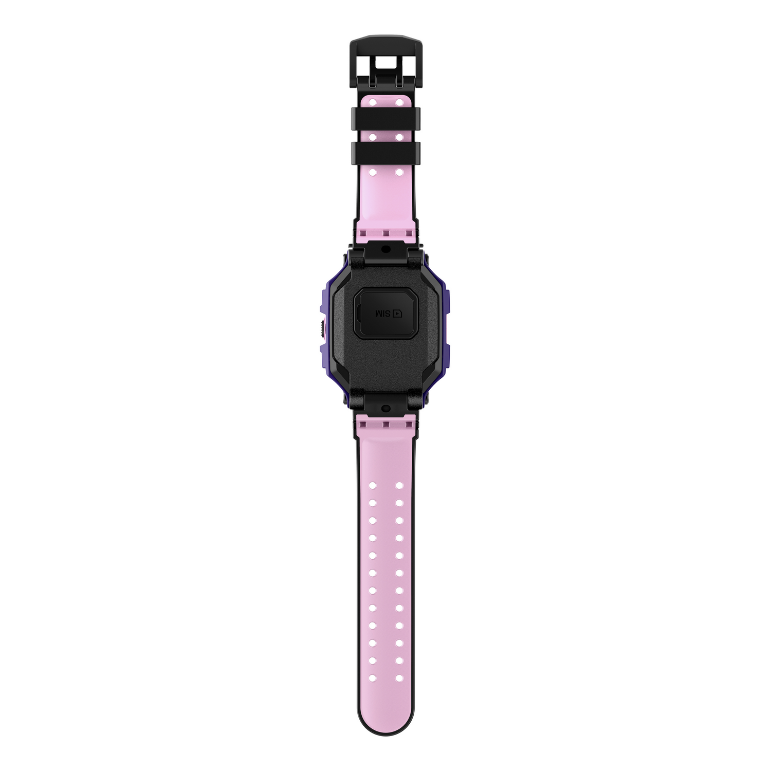 La parte trasera de un reloj inteligente rosa y negro con correa rosa. Tiene un sensor.