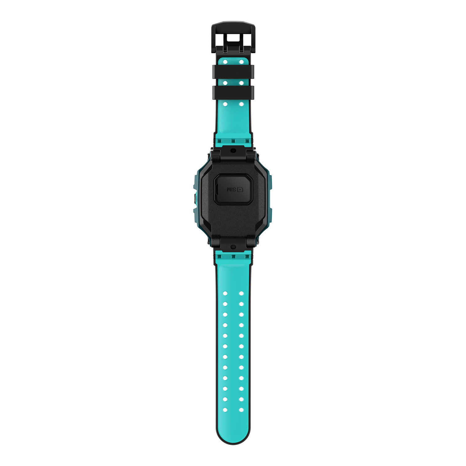 Smartwatch turquesa con carcasa y correa negras, fondo blanco.