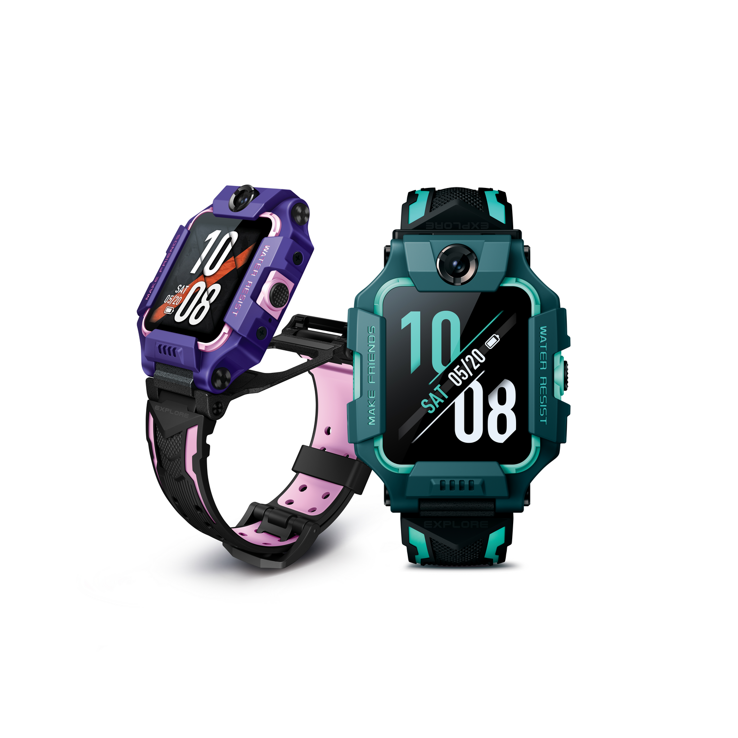 Dos smartwatches, uno morado y otro turquesa, con correas.
