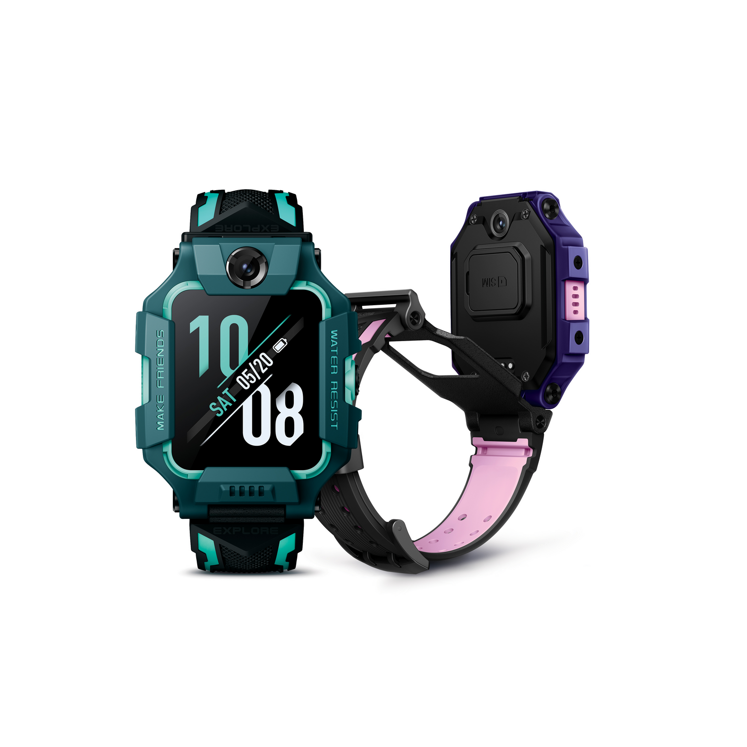 Smartwatch: Cuerpo turquesa, correa negra, detalles rosas. Pantalla: fecha, hora.