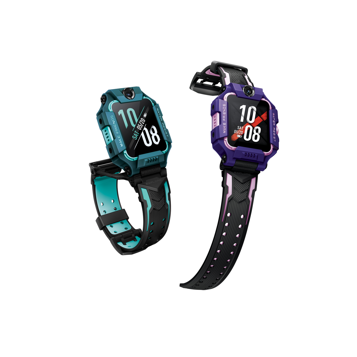 Dos smartwatches para niños, uno turquesa y otro morado, con correas negras y de colores.