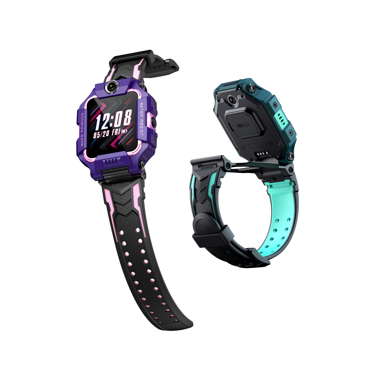 Un reloj inteligente se muestra en dos partes, una con pantalla morada y otra con correa turquesa.