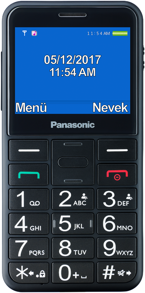 Fekete Panasonic telefon dátummal és idővel, számbillentyűzettel.