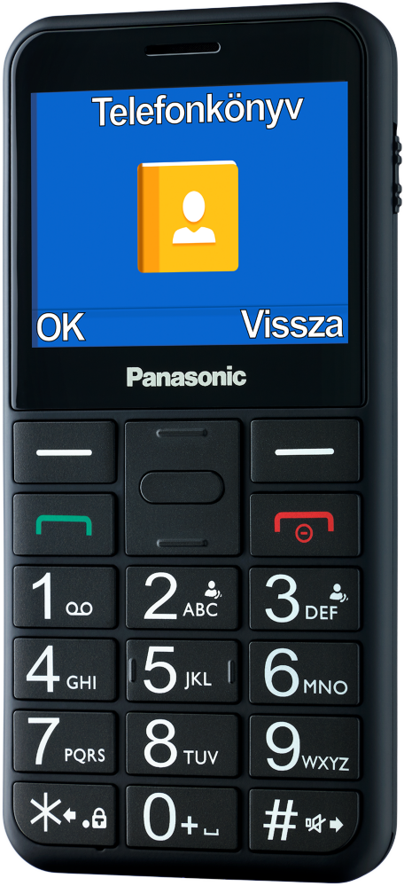Fekete Panasonic mobiltelefon nagy gombokkal és telefonkönyv ikonnal.