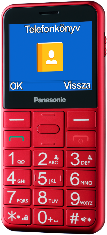 Piros Panasonic telefon, amelyen egy telefonkönyv ikon látható.