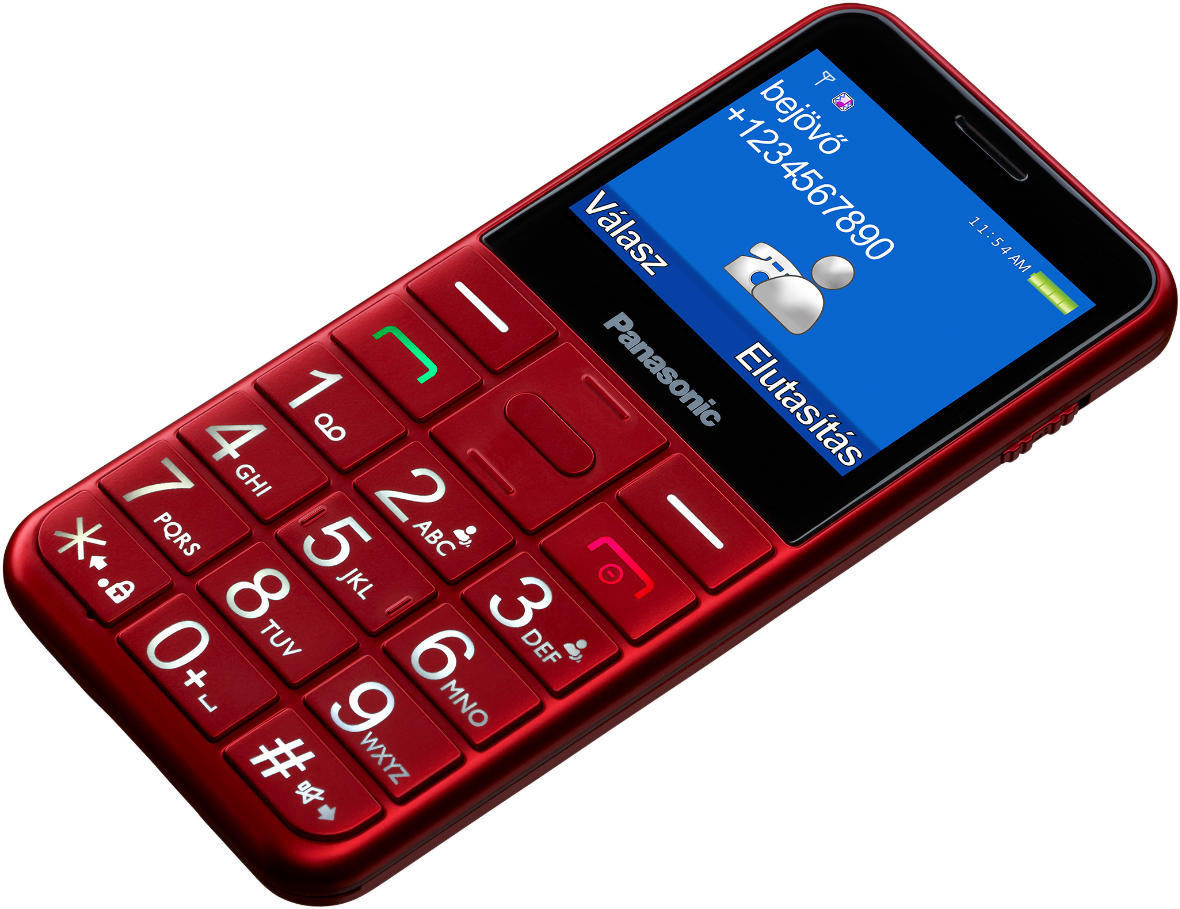 Piros Panasonic telefon nagy gombokkal. Bejövő hívás a képernyőn, telefonszámot mutat.