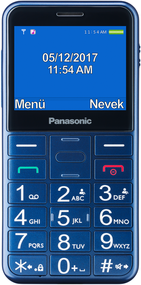 Kék Panasonic mobiltelefon, amelyen dátum és idő látható a képernyőn.
